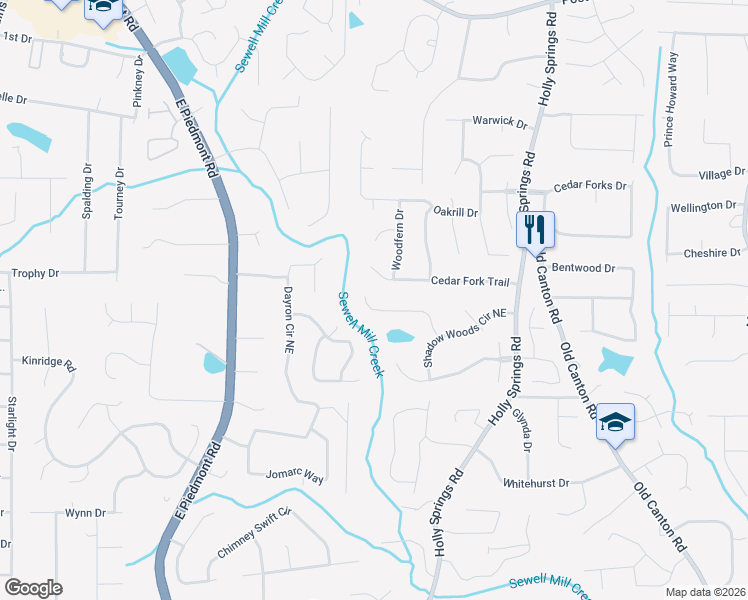 map of restaurants, bars, coffee shops, grocery stores, and more near 2458 Cedar Fork Trail in Marietta