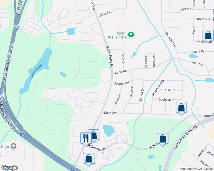 map of restaurants, bars, coffee shops, grocery stores, and more near 2065 Bells Ferry Road in Marietta
