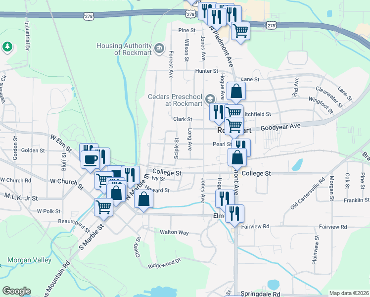 map of restaurants, bars, coffee shops, grocery stores, and more near 326 Pearl Street in Rockmart