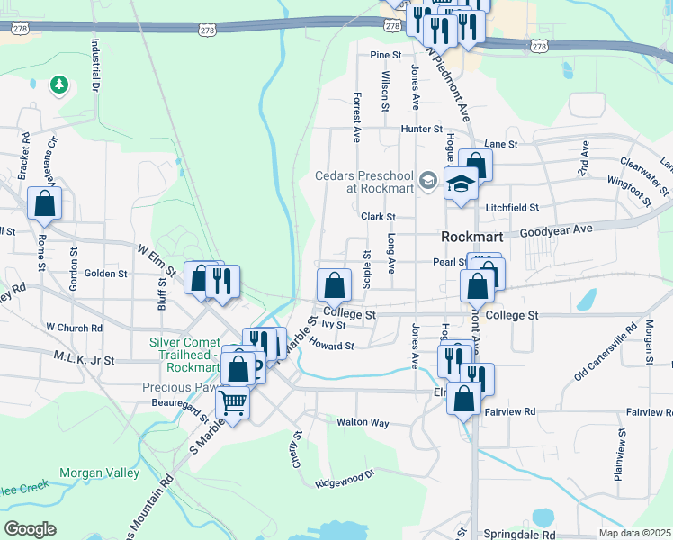 map of restaurants, bars, coffee shops, grocery stores, and more near 119 Pearl Street in Rockmart