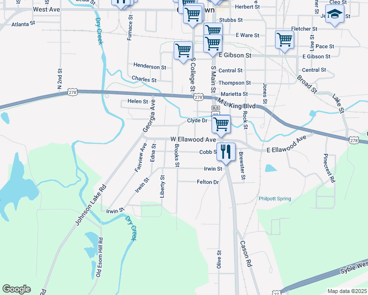 map of restaurants, bars, coffee shops, grocery stores, and more near 212 Cobb Street in Cedartown