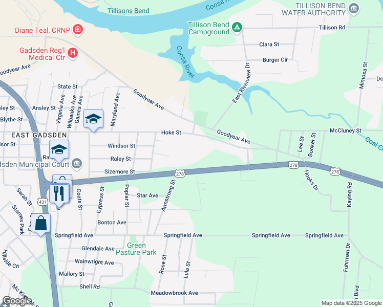 map of restaurants, bars, coffee shops, grocery stores, and more near 1408 Piedmont Cutoff Highway in Gadsden