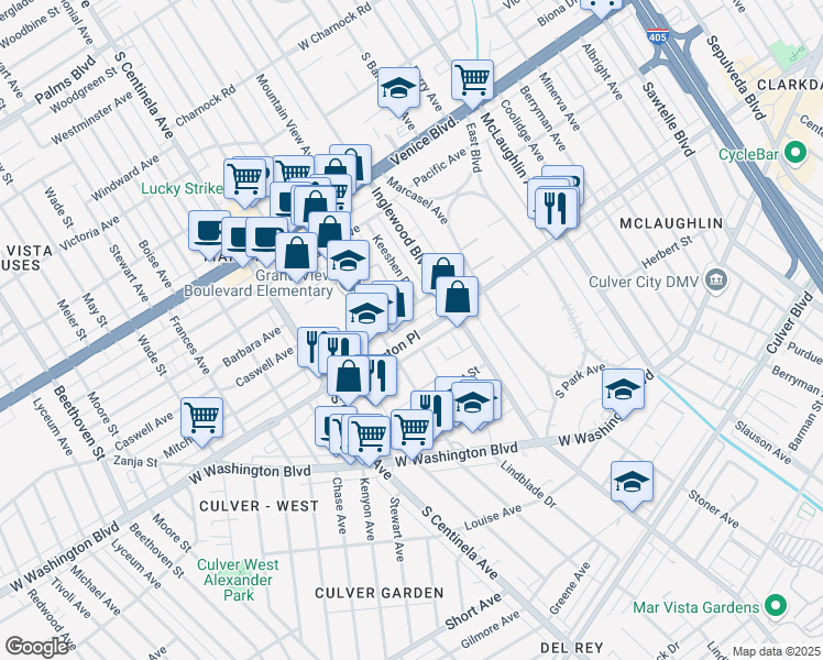 map of restaurants, bars, coffee shops, grocery stores, and more near 12111 Washington Place in Los Angeles