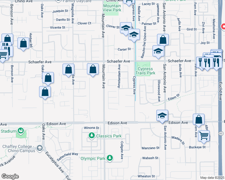 map of restaurants, bars, coffee shops, grocery stores, and more near 6342 Pepperdine Court in Chino