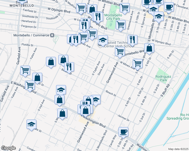 map of restaurants, bars, coffee shops, grocery stores, and more near 724 South Taylor Avenue in Montebello