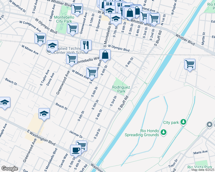 map of restaurants, bars, coffee shops, grocery stores, and more near 416 West Mines Avenue in Montebello