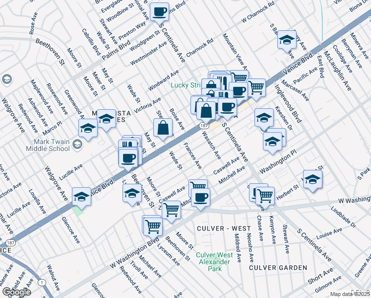 map of restaurants, bars, coffee shops, grocery stores, and more near 3827 Frances Avenue in Los Angeles