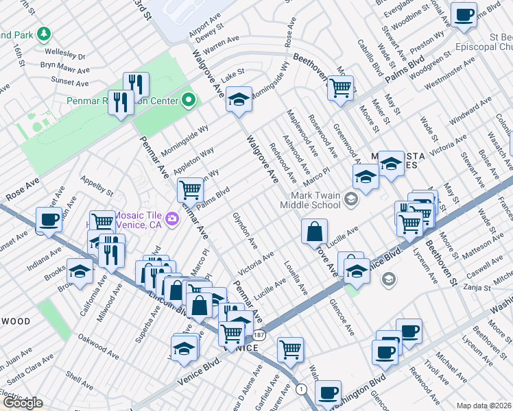 map of restaurants, bars, coffee shops, grocery stores, and more near 2008 Louella Avenue in Los Angeles