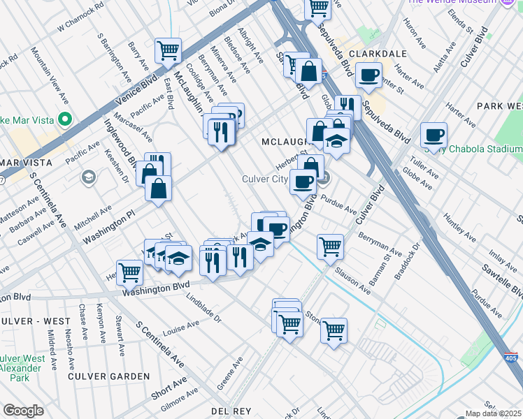 map of restaurants, bars, coffee shops, grocery stores, and more near 4130 McLaughlin Avenue in Los Angeles