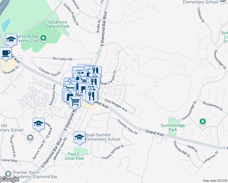 map of restaurants, bars, coffee shops, grocery stores, and more near in Pomona