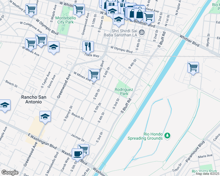 map of restaurants, bars, coffee shops, grocery stores, and more near 416 West Mines Avenue in Montebello