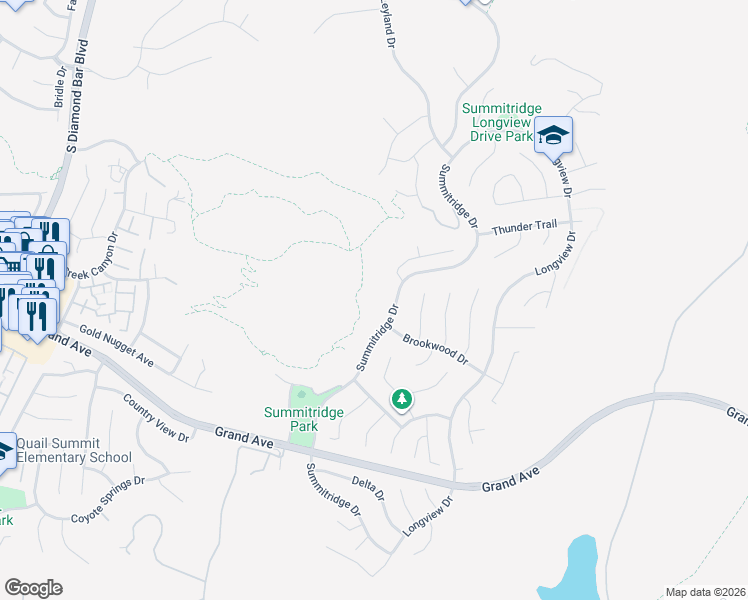 map of restaurants, bars, coffee shops, grocery stores, and more near 1135 Summitridge Drive in Diamond Bar