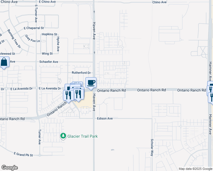 map of restaurants, bars, coffee shops, grocery stores, and more near 13751 South Haven Avenue in Ontario