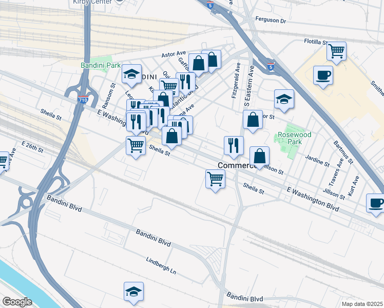 map of restaurants, bars, coffee shops, grocery stores, and more near 5309 East Washington Boulevard in Commerce