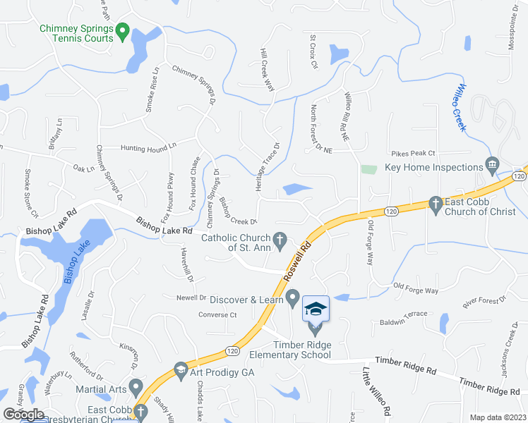 map of restaurants, bars, coffee shops, grocery stores, and more near 2061 Bishop Creek Drive in Marietta