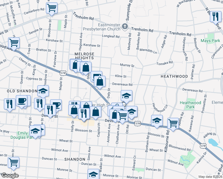 map of restaurants, bars, coffee shops, grocery stores, and more near 3204 Devereaux Road in Columbia