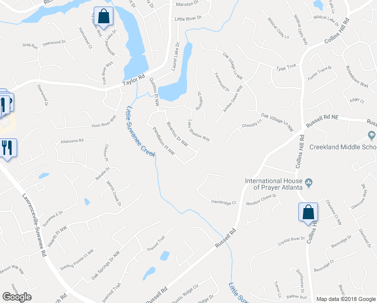 map of restaurants, bars, coffee shops, grocery stores, and more near 1812 Riverton Drive Northwest in Suwanee