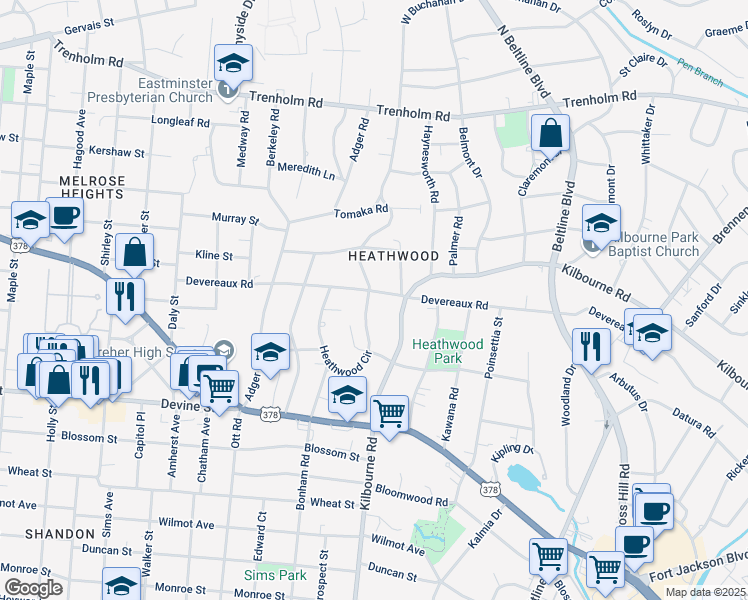 map of restaurants, bars, coffee shops, grocery stores, and more near 3631 Devereaux Road in Columbia