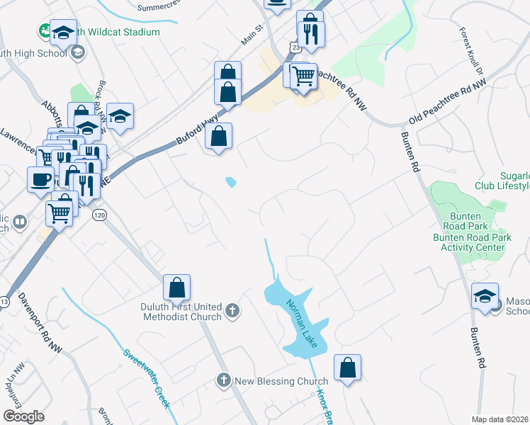 map of restaurants, bars, coffee shops, grocery stores, and more near 2599 Kenwood Drive in Duluth