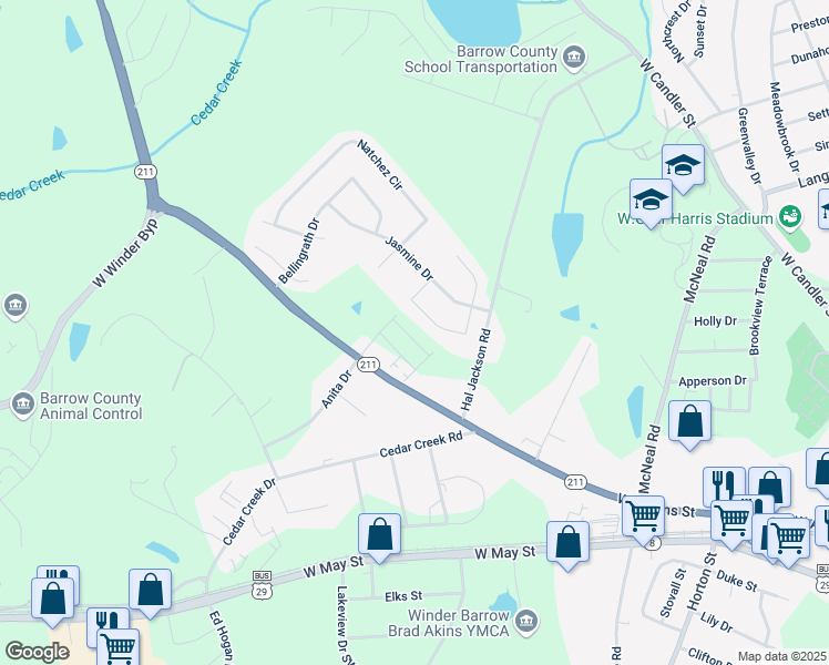map of restaurants, bars, coffee shops, grocery stores, and more near 62 Cannondale Drive in Winder