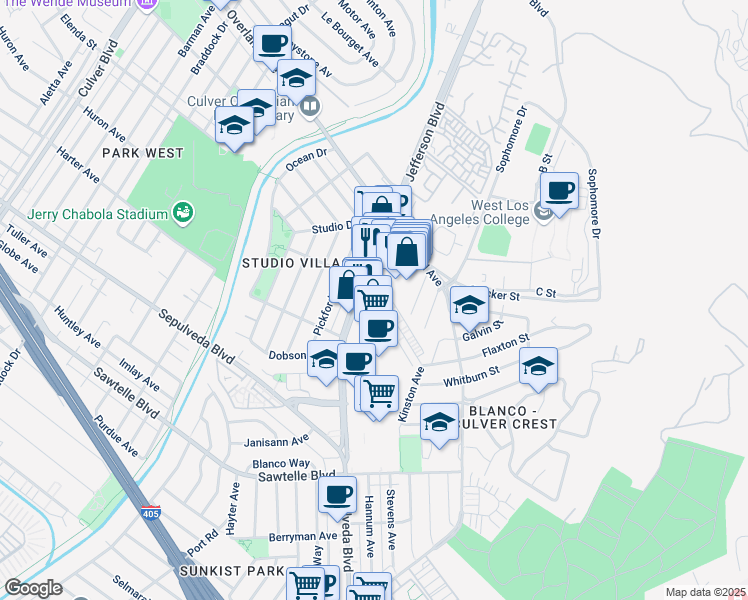 map of restaurants, bars, coffee shops, grocery stores, and more near 10742 Jefferson Boulevard in Culver City