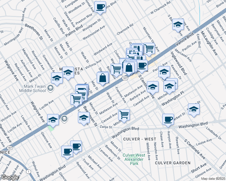 map of restaurants, bars, coffee shops, grocery stores, and more near Verona Court in Carson