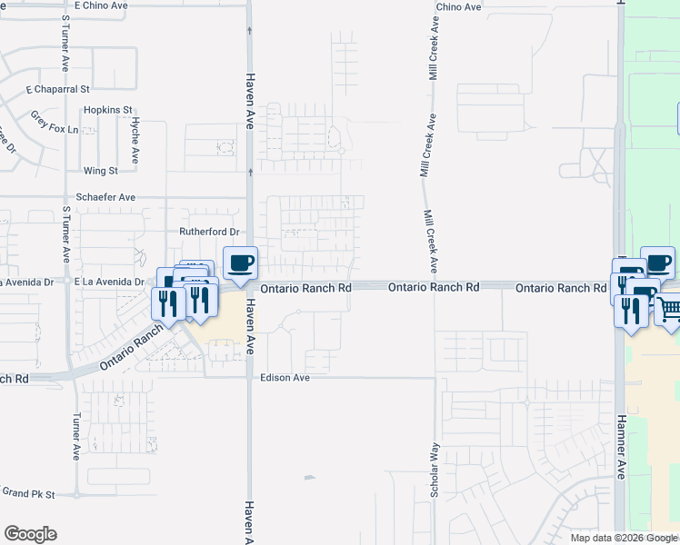 map of restaurants, bars, coffee shops, grocery stores, and more near 3642 East Delight Paseo in Ontario
