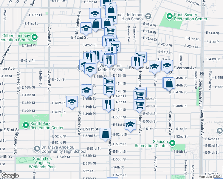 map of restaurants, bars, coffee shops, grocery stores, and more near 4525 South Central Avenue in Los Angeles