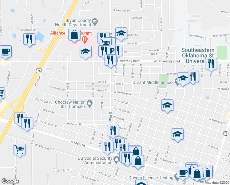 map of restaurants, bars, coffee shops, grocery stores, and more near 802 Grant Avenue in Durant
