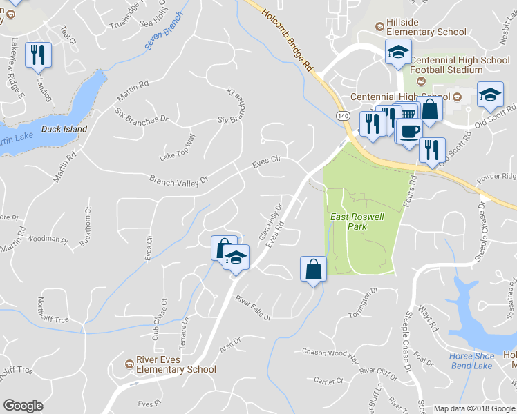 map of restaurants, bars, coffee shops, grocery stores, and more near 235 Glen Ivy Drive in Roswell