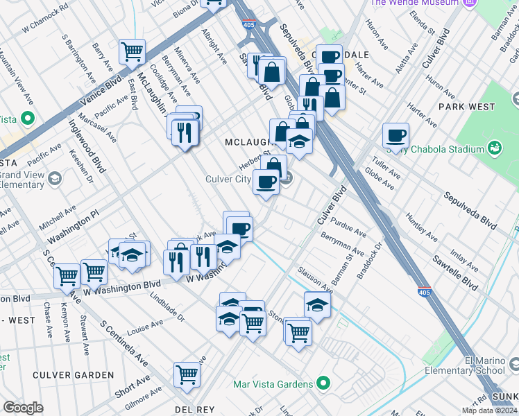 map of restaurants, bars, coffee shops, grocery stores, and more near 4243 Berryman Avenue in Los Angeles