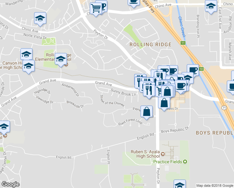 map of restaurants, bars, coffee shops, grocery stores, and more near 13852 Shady Knoll Lane in Chino Hills