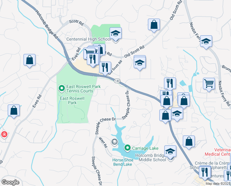 map of restaurants, bars, coffee shops, grocery stores, and more near 2385 Holcomb Bridge Road in Roswell