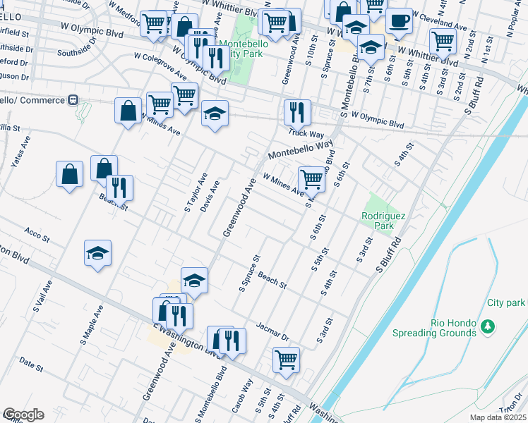 map of restaurants, bars, coffee shops, grocery stores, and more near 848 West Carmelita Avenue in Montebello