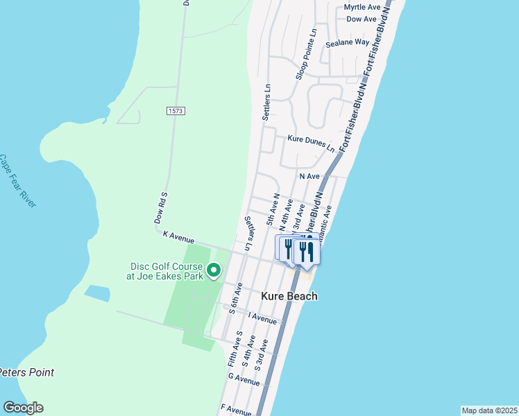 map of restaurants, bars, coffee shops, grocery stores, and more near 510 Surf Drive in Kure Beach