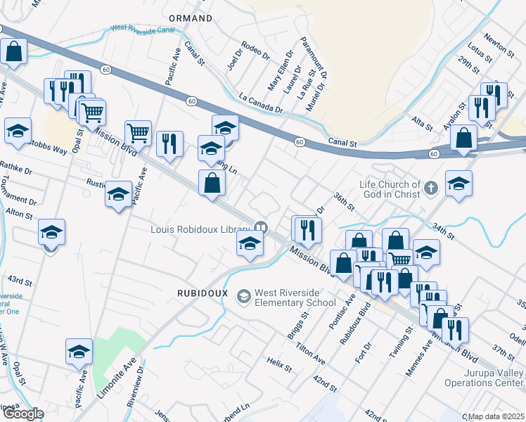 map of restaurants, bars, coffee shops, grocery stores, and more near 3724 La Rue Street in Riverside