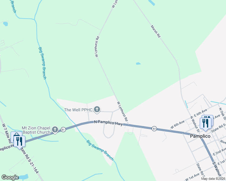 map of restaurants, bars, coffee shops, grocery stores, and more near 552 West Lynhurst Road in Pamplico