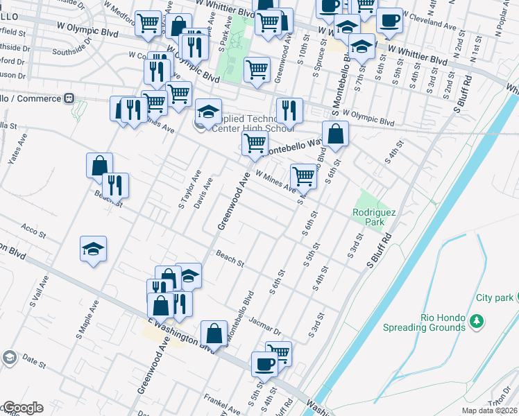 map of restaurants, bars, coffee shops, grocery stores, and more near 844 West Carmelita Avenue in Montebello