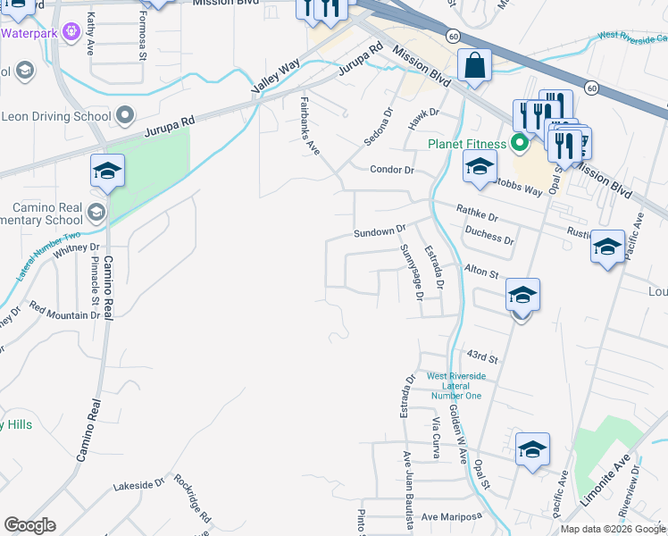 map of restaurants, bars, coffee shops, grocery stores, and more near 4069 Margie Way in Riverside