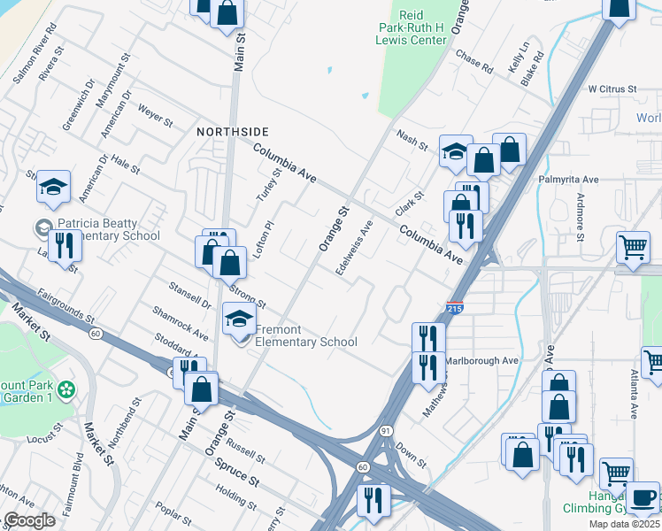 map of restaurants, bars, coffee shops, grocery stores, and more near 3539 Castaic Street in Riverside