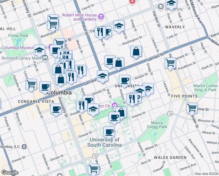 map of restaurants, bars, coffee shops, grocery stores, and more near 1111 Bull Street in Columbia