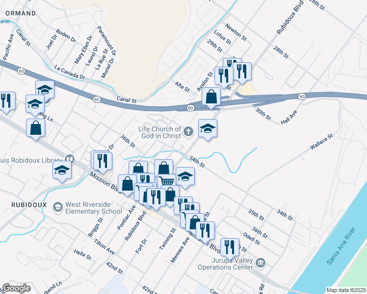 map of restaurants, bars, coffee shops, grocery stores, and more near 3349A Rubidoux Boulevard in Riverside