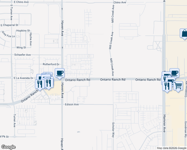 map of restaurants, bars, coffee shops, grocery stores, and more near 3961 South Sunrise Avenue in Ontario