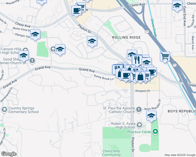 map of restaurants, bars, coffee shops, grocery stores, and more near 3044 Sunny Brook Lane in Chino Hills