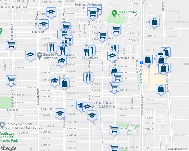 map of restaurants, bars, coffee shops, grocery stores, and more near 1350 East 46th Street in Los Angeles