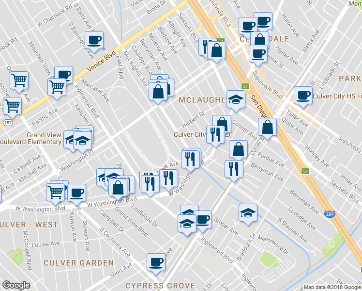 map of restaurants, bars, coffee shops, grocery stores, and more near 4130 McLaughlin Avenue in Los Angeles