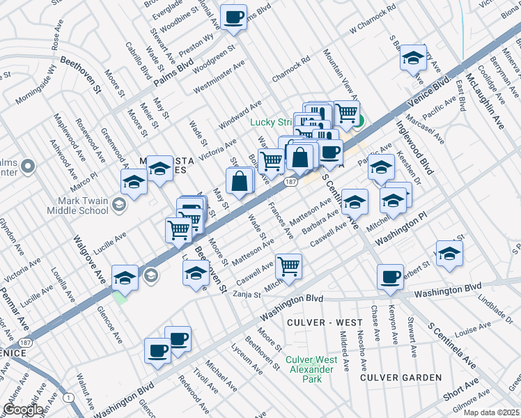 map of restaurants, bars, coffee shops, grocery stores, and more near 12623 Venice Boulevard in Los Angeles