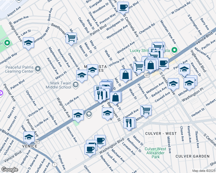 map of restaurants, bars, coffee shops, grocery stores, and more near 3750 Moore Street in Los Angeles