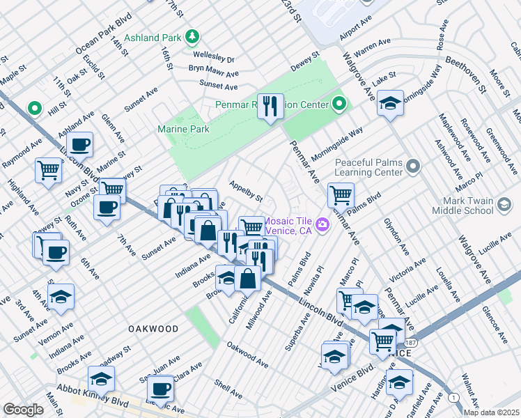 map of restaurants, bars, coffee shops, grocery stores, and more near 830 Appleby Street in Los Angeles