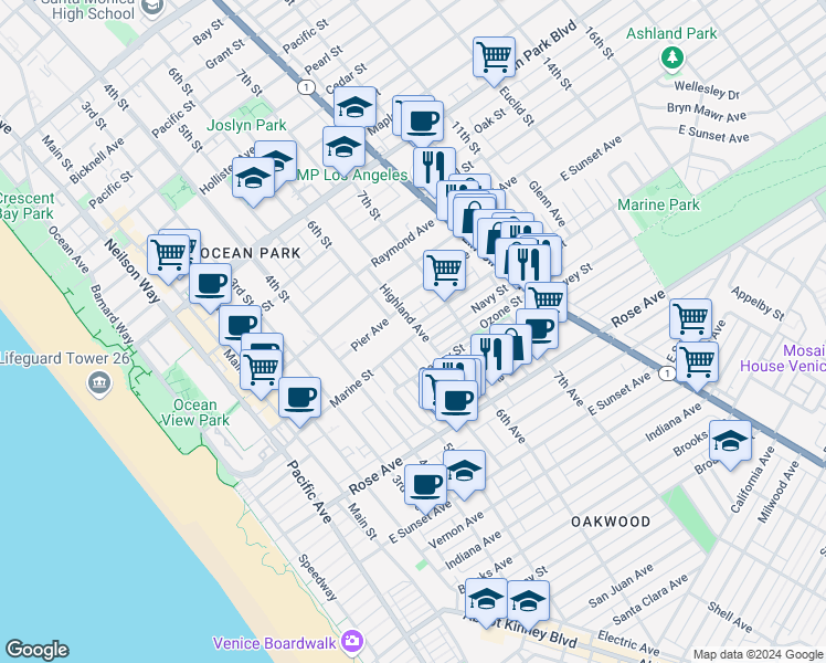 map of restaurants, bars, coffee shops, grocery stores, and more near 647 Marine Street in Santa Monica